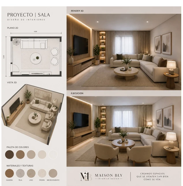 Lámina de proyecto: plano 2D, vista 3D, render y ejecución de sala